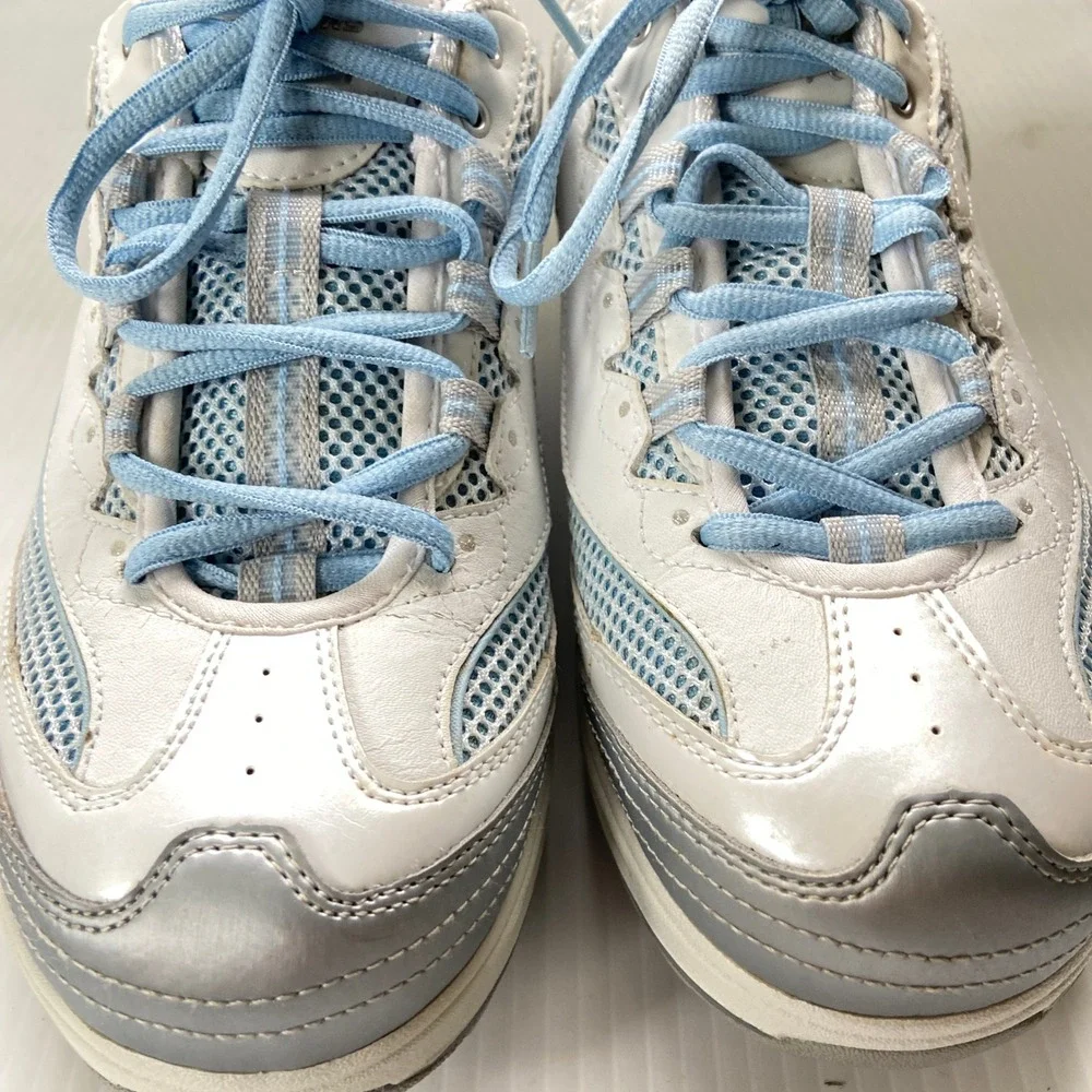 Skechers Shape Ups White Leather Blue Silver Lace Up Sneakers Womens 10